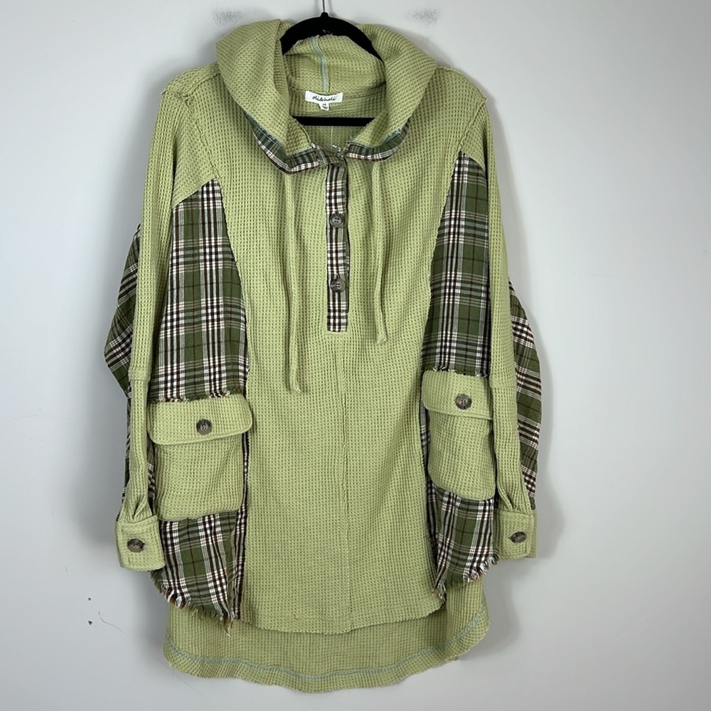 Boho Plaid-Pocket Hoodie Tunic - Sage Green